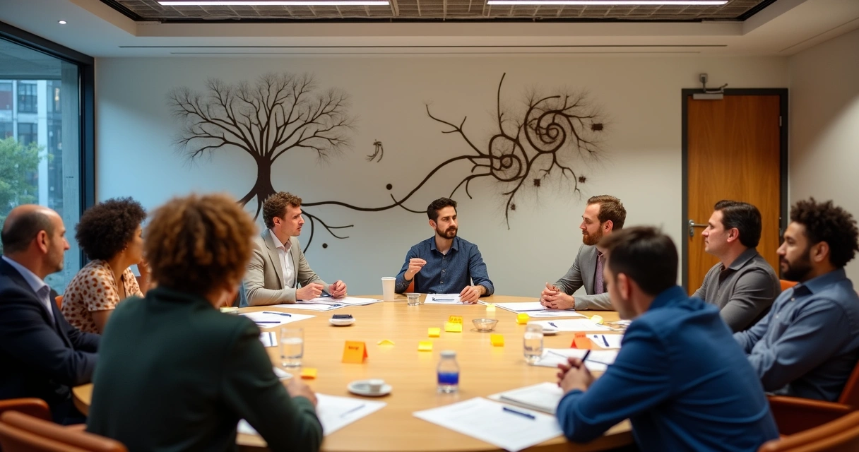 People at a round table discussing company values during organizational transition