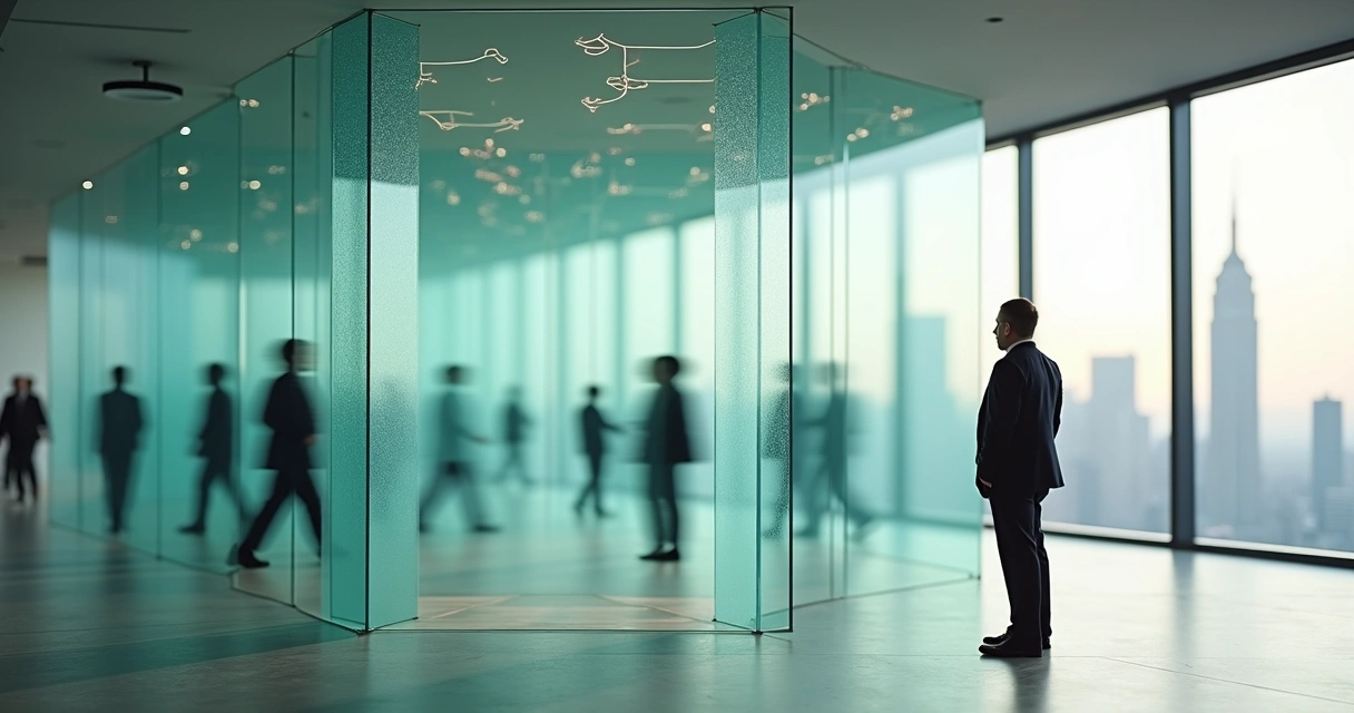 Business leader facing a maze of transparent walls representing hidden organizational dynamics 