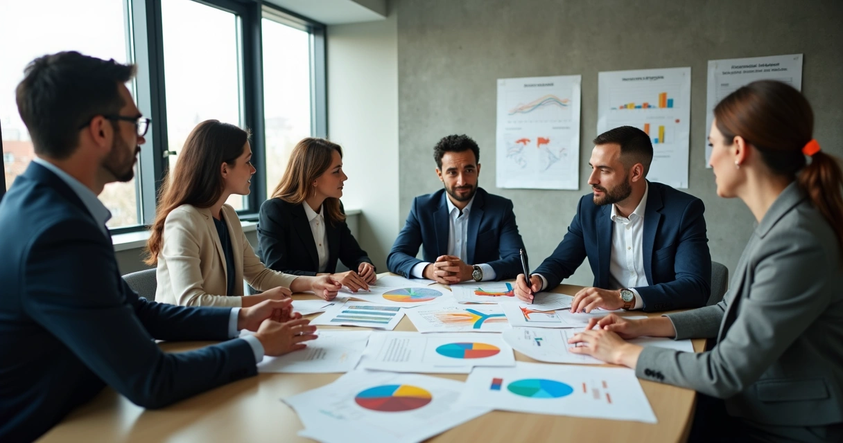 Team gathered around table looking at change plan charts