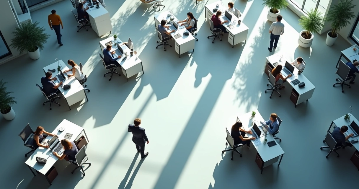 Shadow of an organizational chart overlaying office workers at desks 