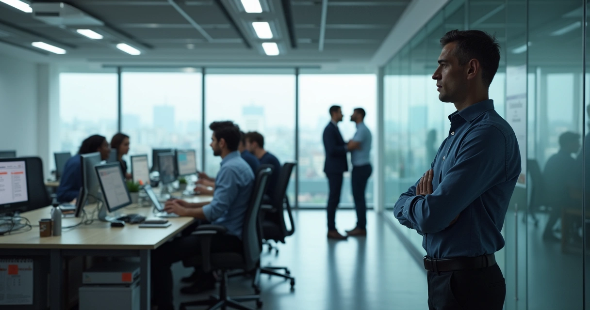 Manager observing tense office with subtle warning signs of unhealthy organizational climate 