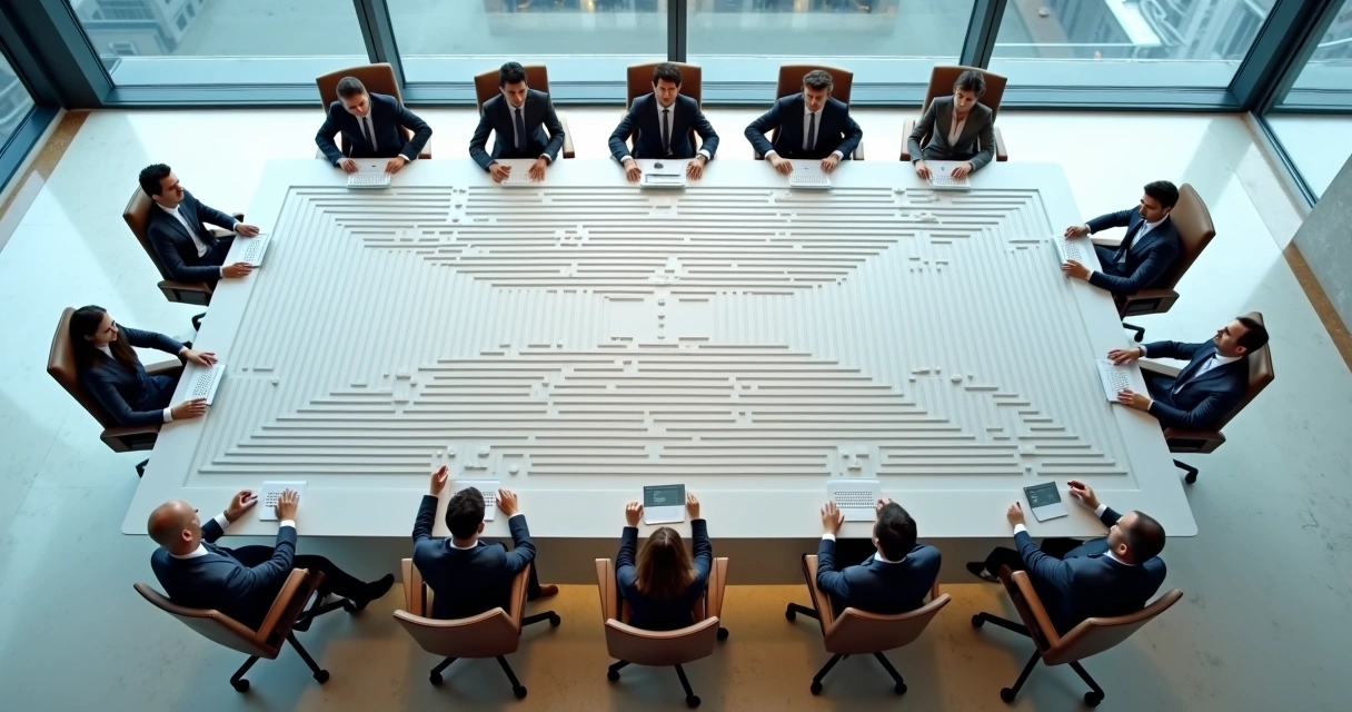 Executive team viewed from above inside a maze-shaped meeting table 