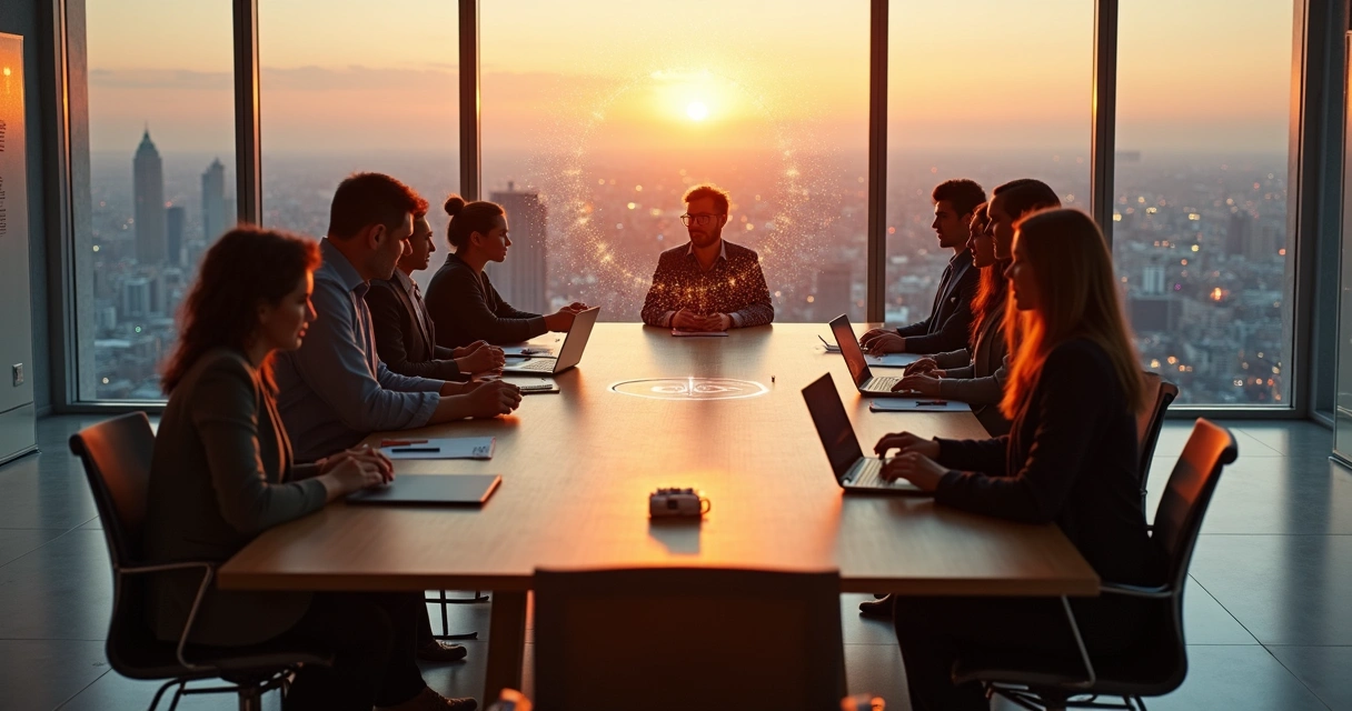 Leaders in a glass-walled office surrounded by glowing connection lines 