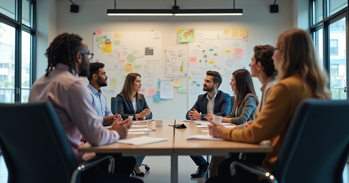 People sitting around a conference table in deep discussion showing group consciousness