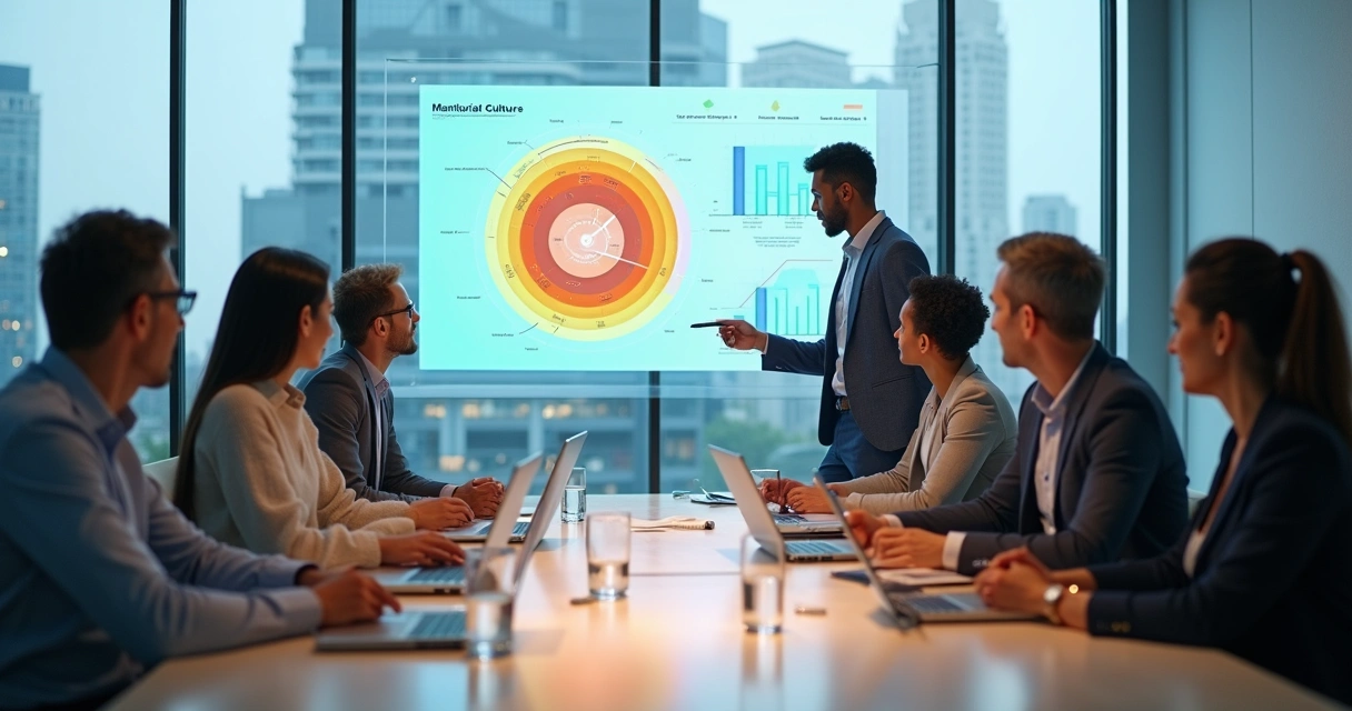 Leadership team analyzing an abstract dashboard that measures organizational culture maturity 