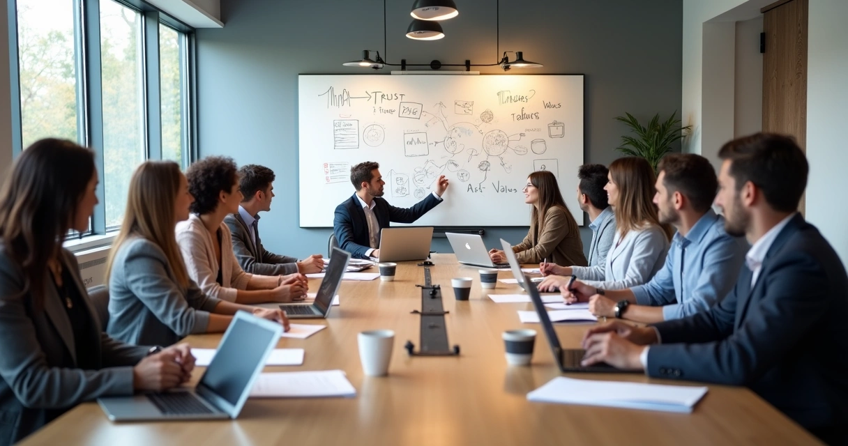 Colleagues discussing culture maturity around a conference table