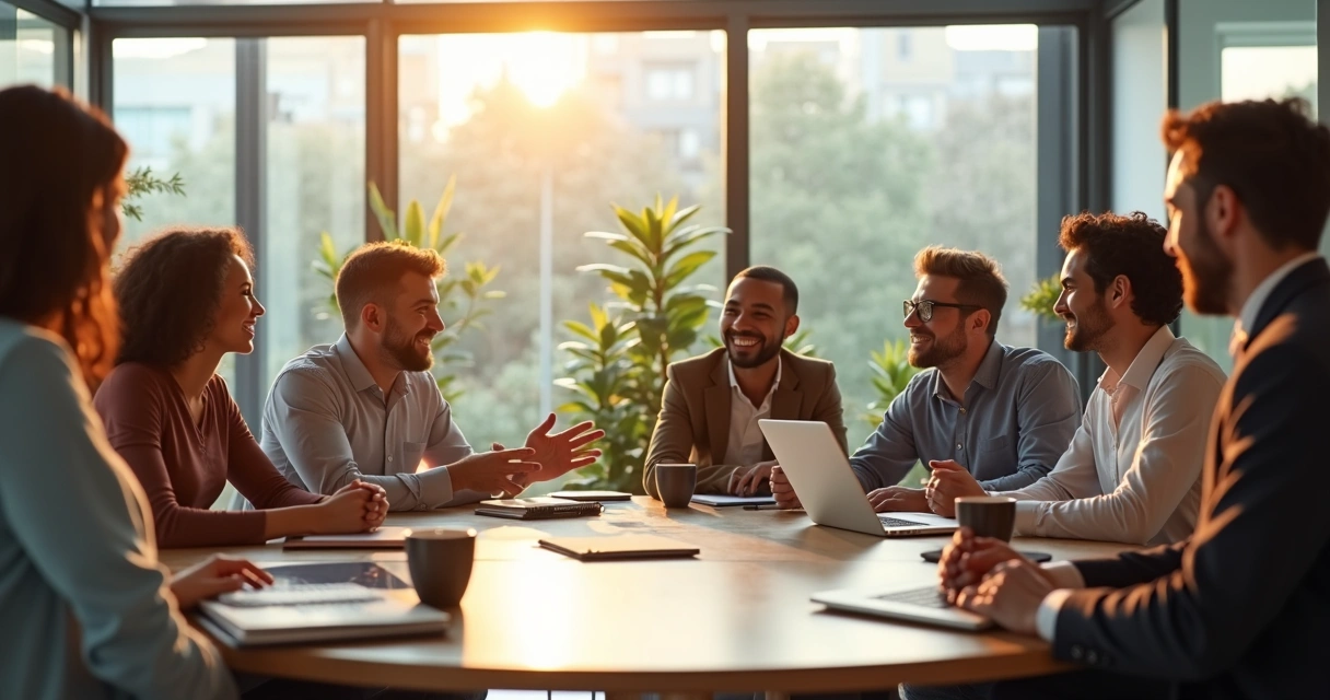 Team engaged in a meeting, acknowledging each other with smiles
