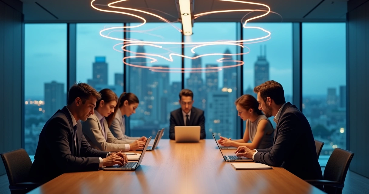 Leaders in a meeting room surrounded by looping light trails symbolizing emotional patterns 