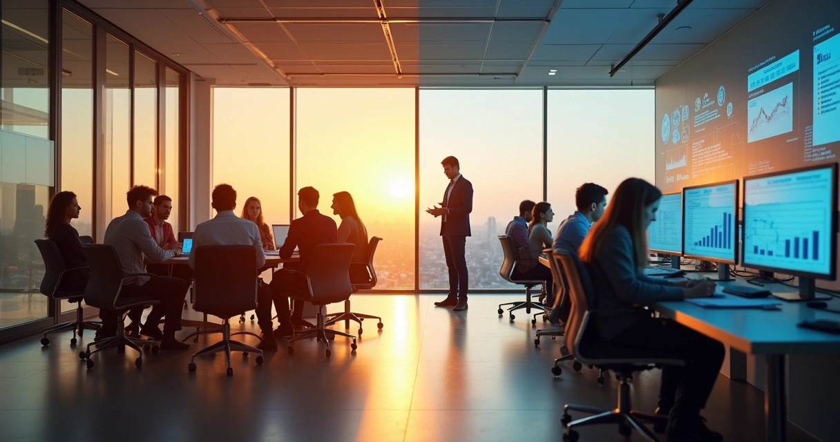 Leaders in a glass office split between connection and digital overload 