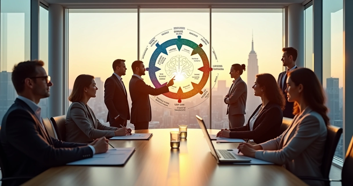 Executives viewing a circular feedback loop diagram connecting people and organization on a glass wall 