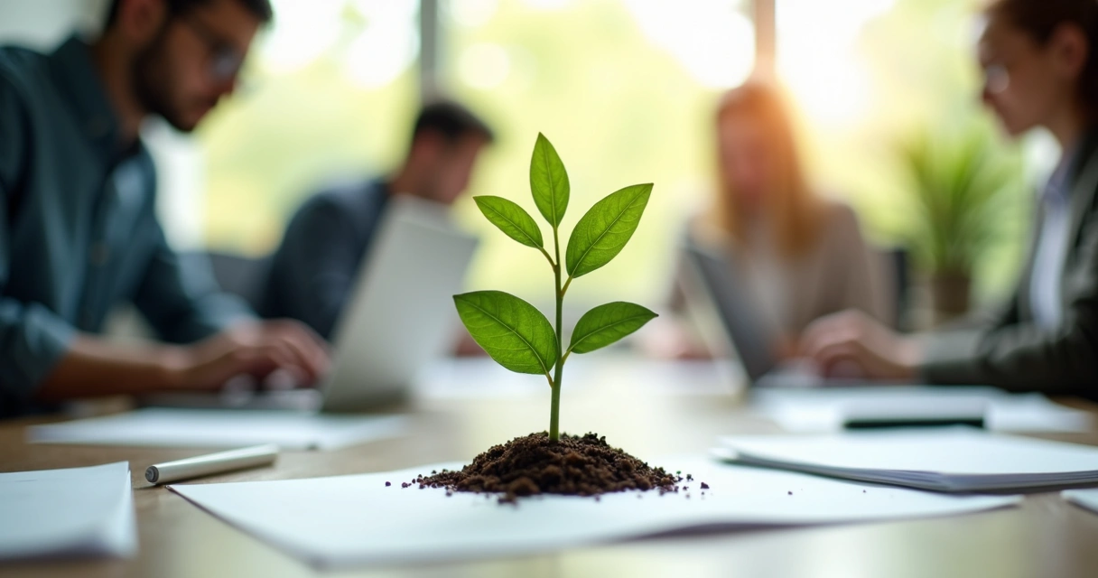 Plant growing on office desk symbolizing organizational growth 