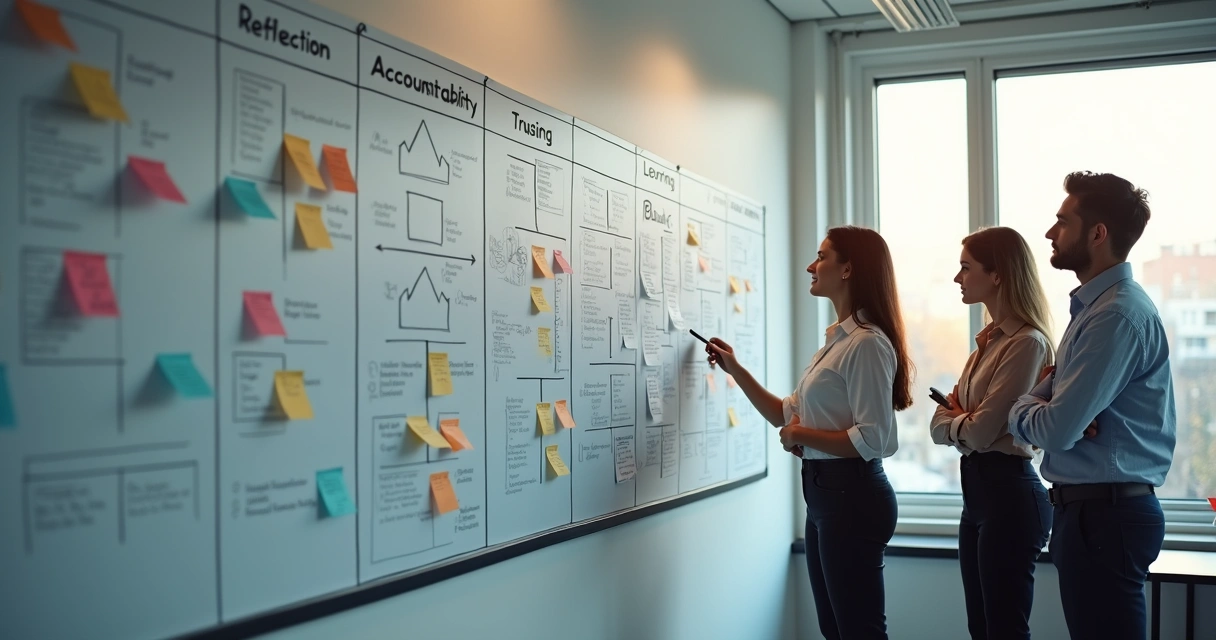 Office wall with roadmap, team notes, and progress markers for culture growth