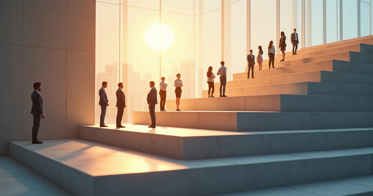 Six ascending lighted steps representing stages of organizational growth 