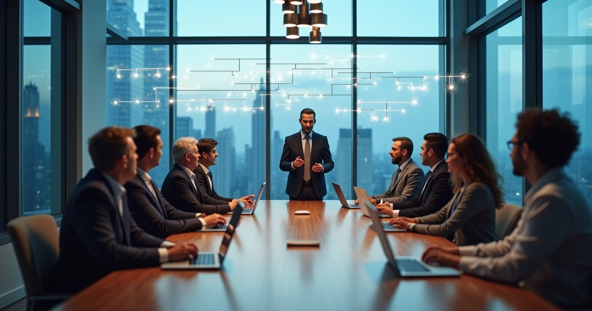 Business team in modern office connected by overlay of family tree and system diagrams 