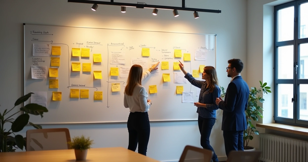 Office wall with notes and charts from a team learning session 