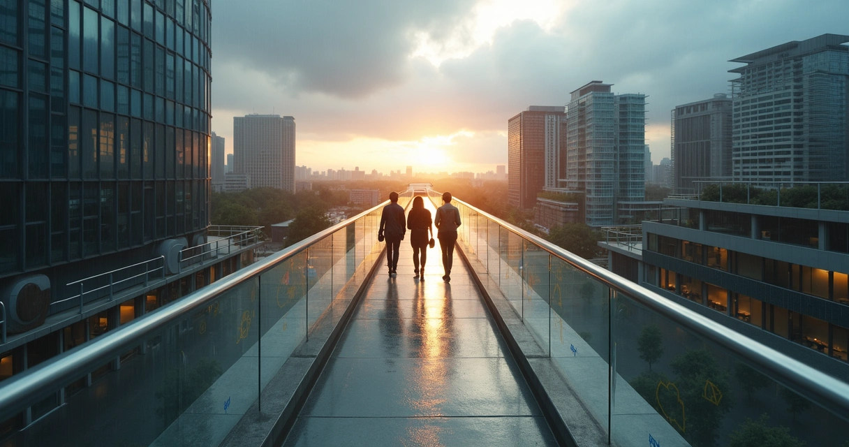 Colleagues crossing a bridge from stormy area to calm light-filled zone 