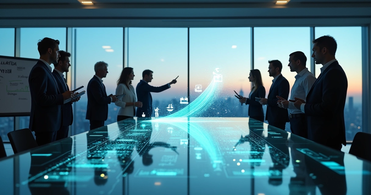 Diverse leadership team studying a transparent maturity roadmap in a modern office 