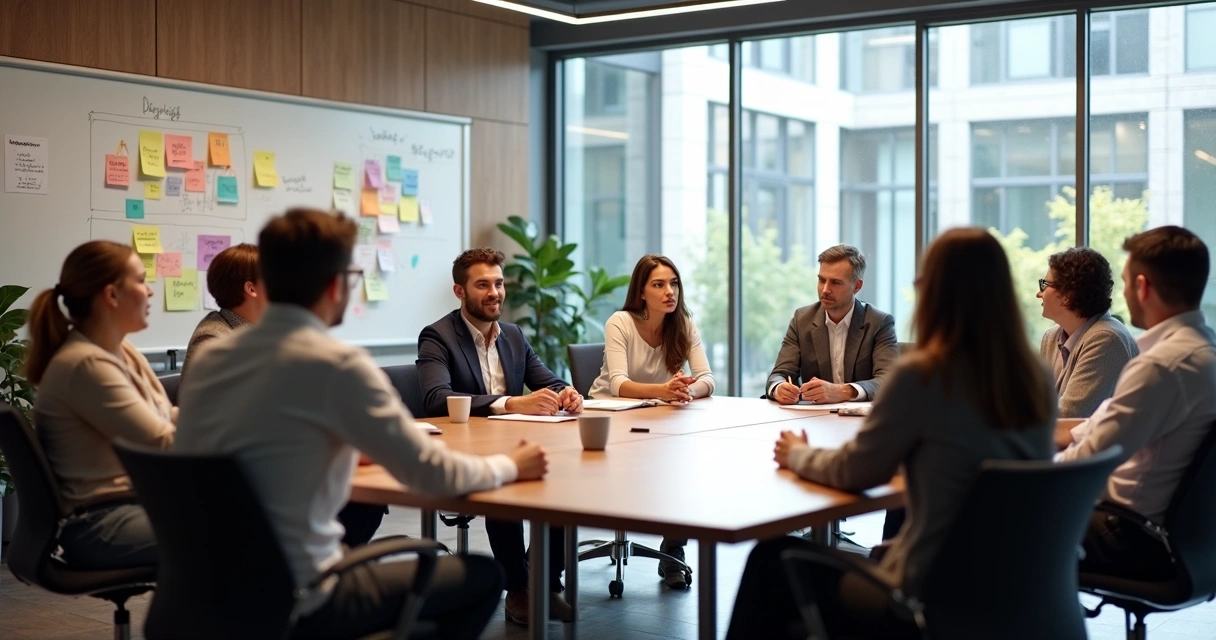 Team sitting around a conference table, engaging in open discussion 