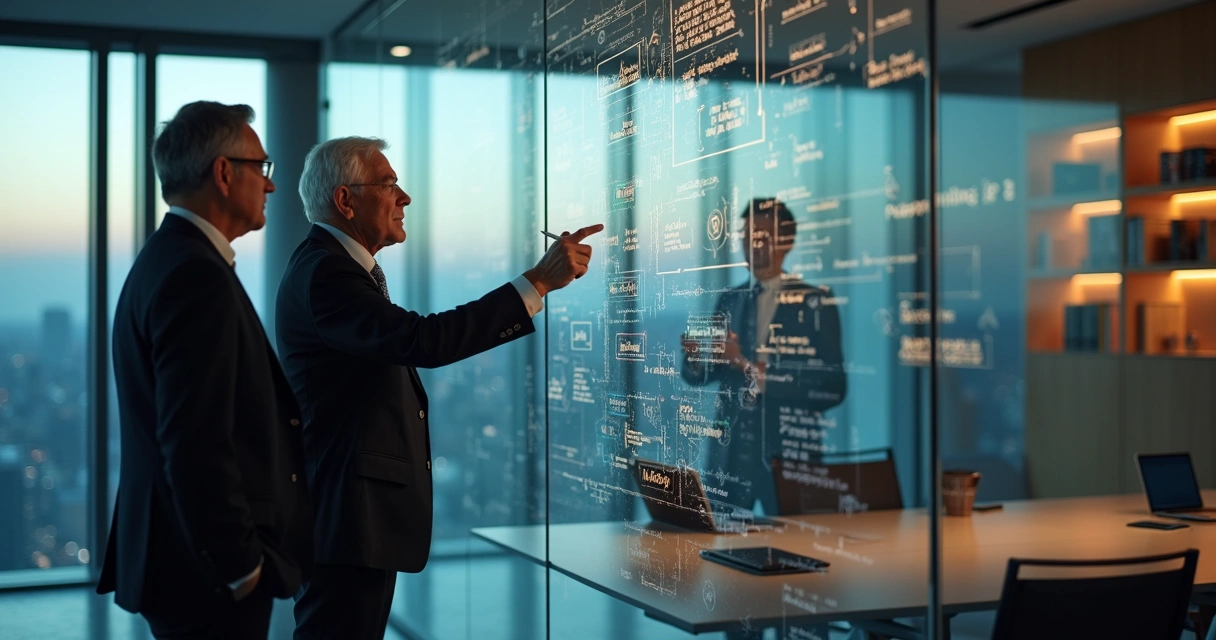 Senior leader and successor studying organizational memory map on glass wall 