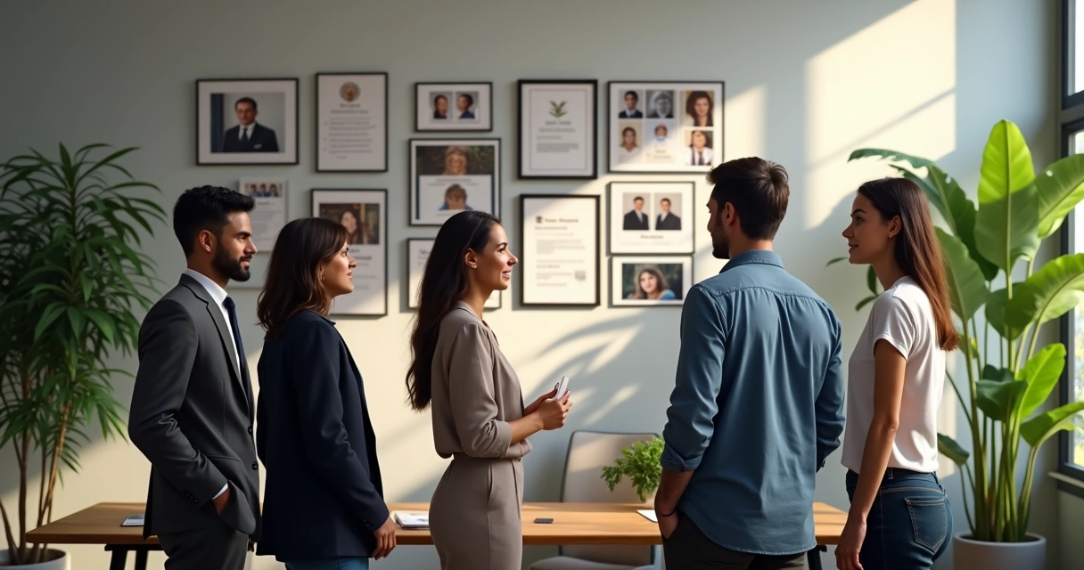 Team in discussion, past achievements and challenges subtly displayed on wall 
