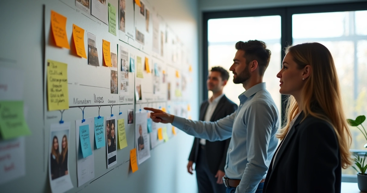 Wall timeline with team notes and shared lessons 