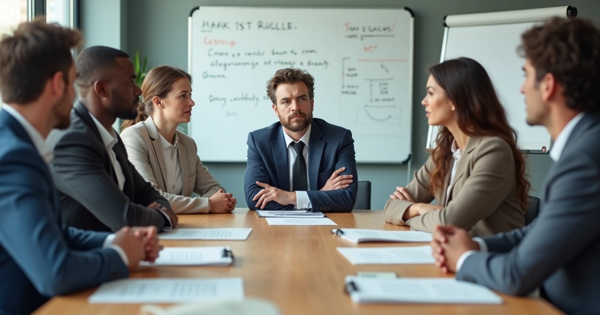 Team in a meeting with subtle disconnected body language
