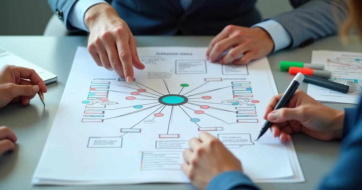 Printed organizational influence map with colored nodes and connecting arrows 