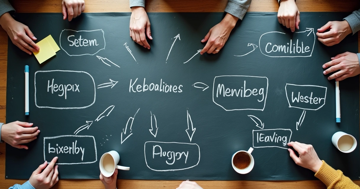 Chalkboard with diagrams showing connections and team structure 