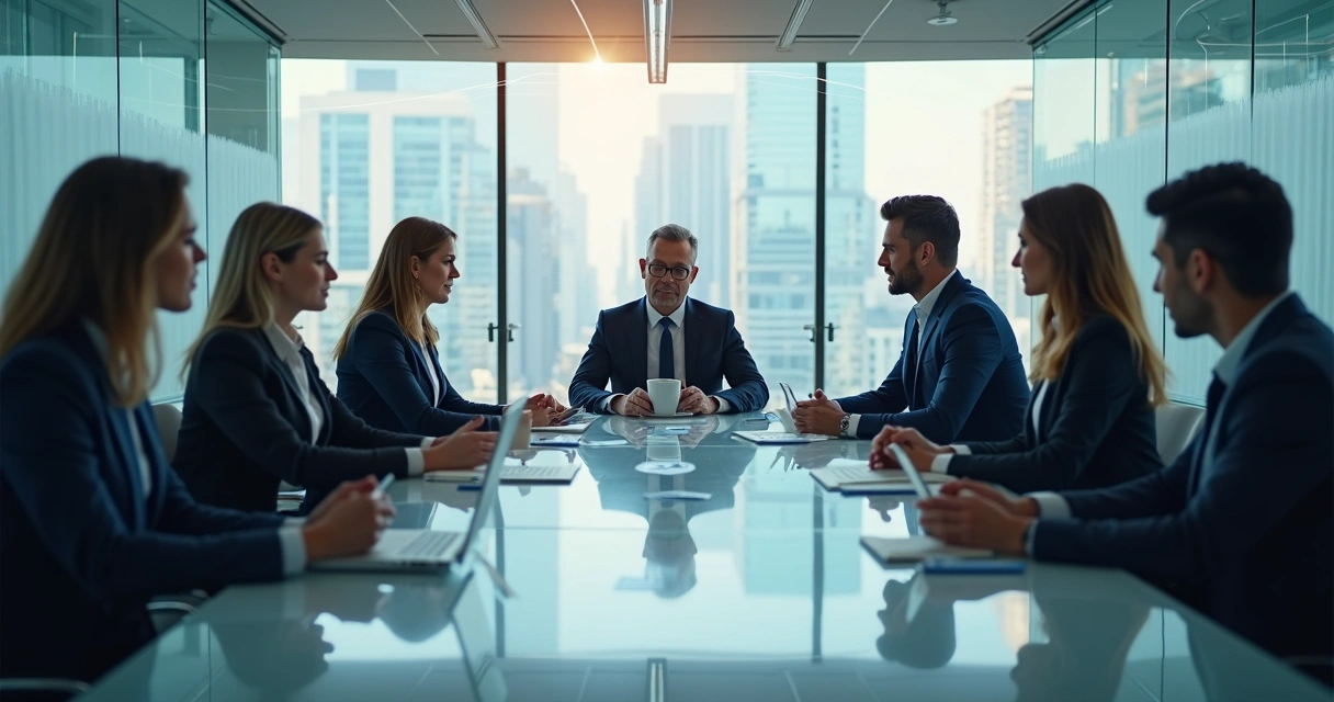 Team of professionals standing in a meeting room with visible lines connecting them, representing organizational roles and connections
