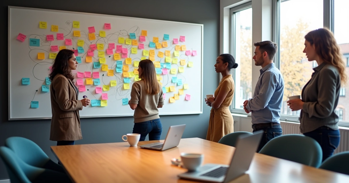 Team mapping patterns with sticky notes on a whiteboard.