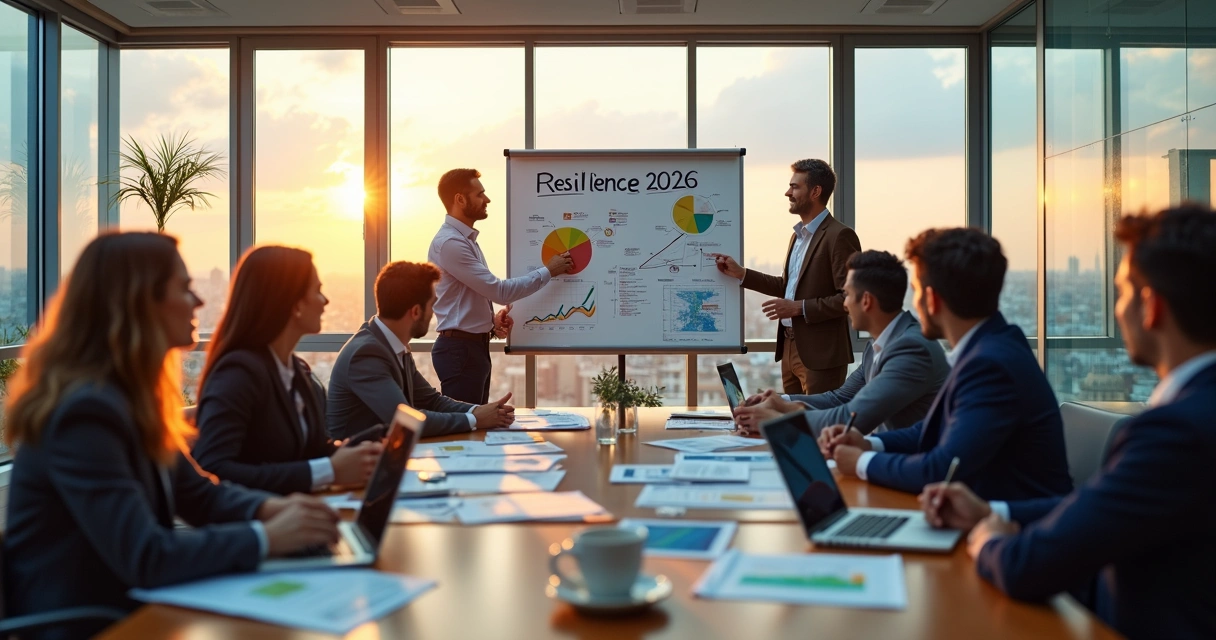 Diverse leadership team collaborating around a resilience strategy board in a modern office 