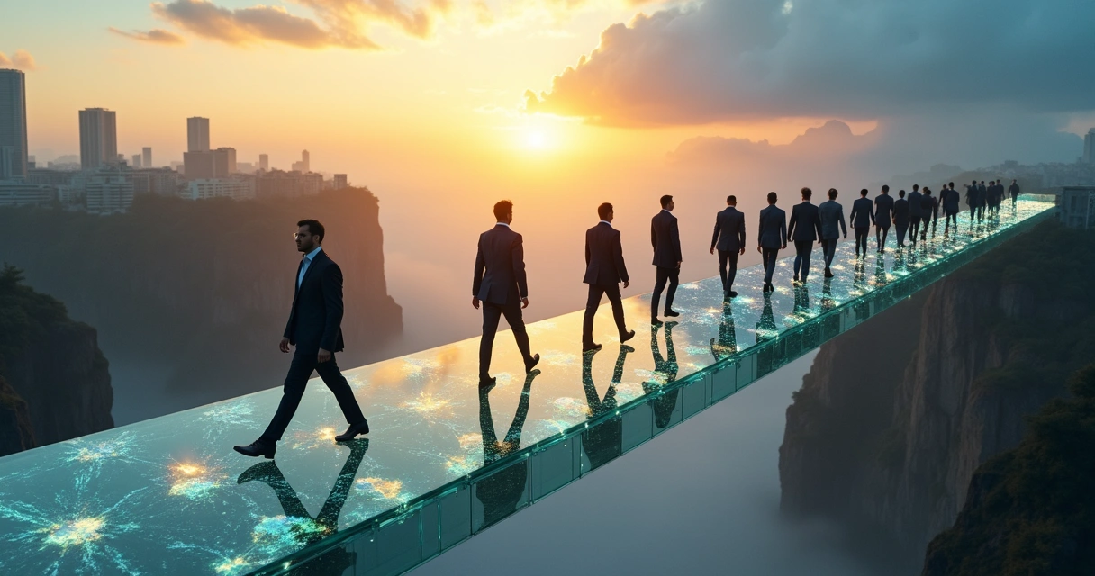 Executives crossing a fragmented glass bridge between stability and uncertainty 