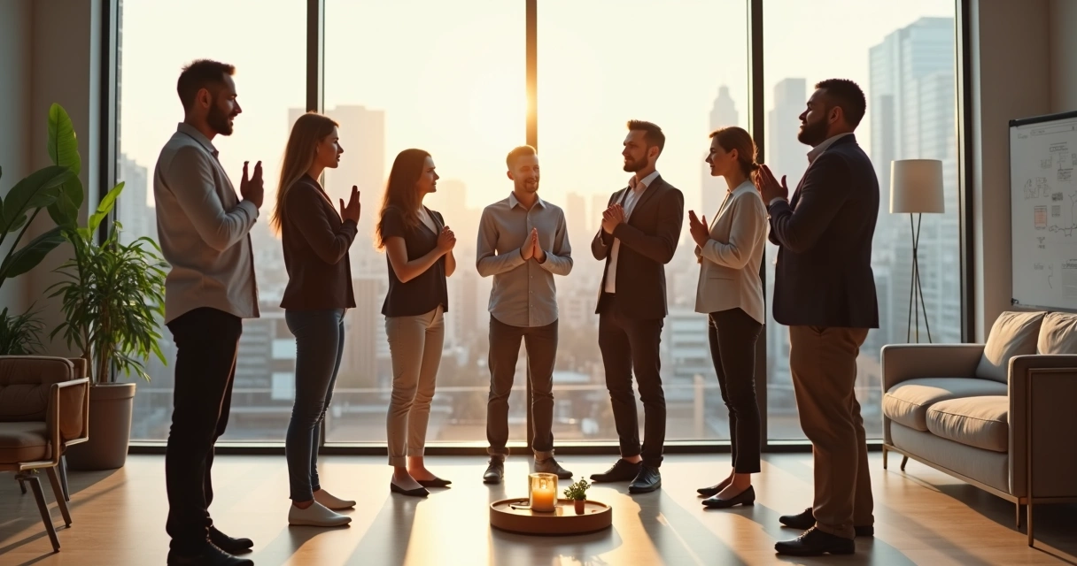 Diverse team in a circle performing an organizational ritual in a modern office 