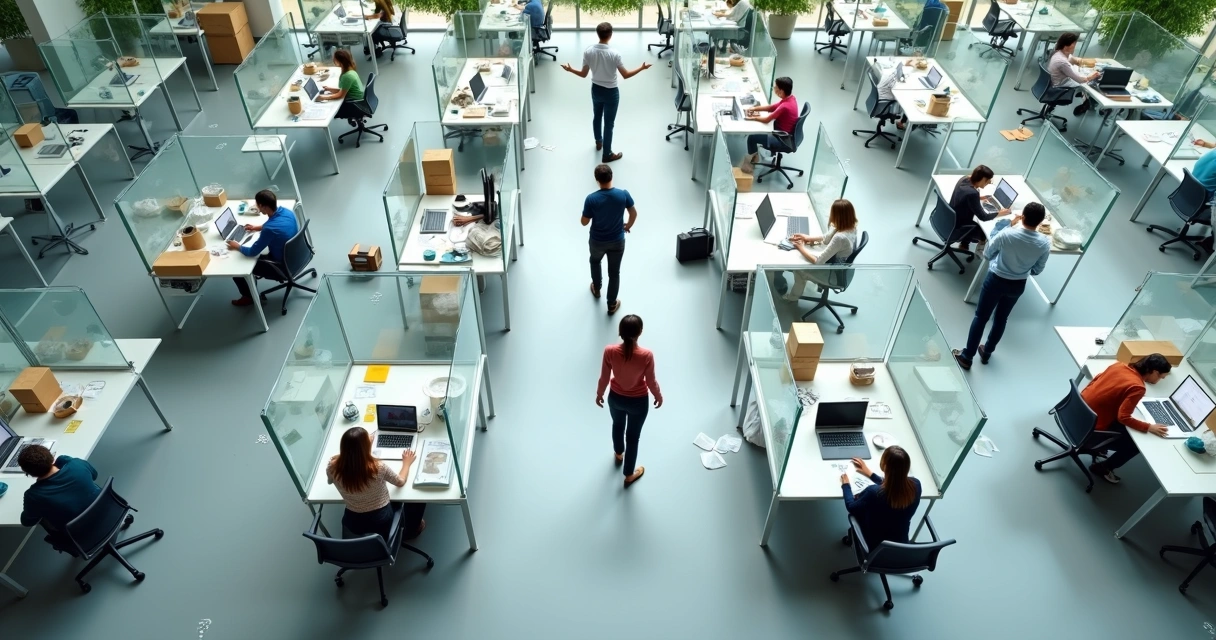 Overhead view of office maze with employees overlapping roles at different desks 