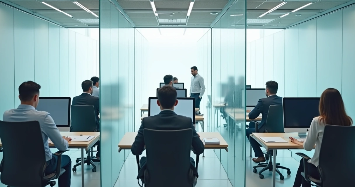 Business teams separated by glass walls with confused expressions, representing organizational silos.