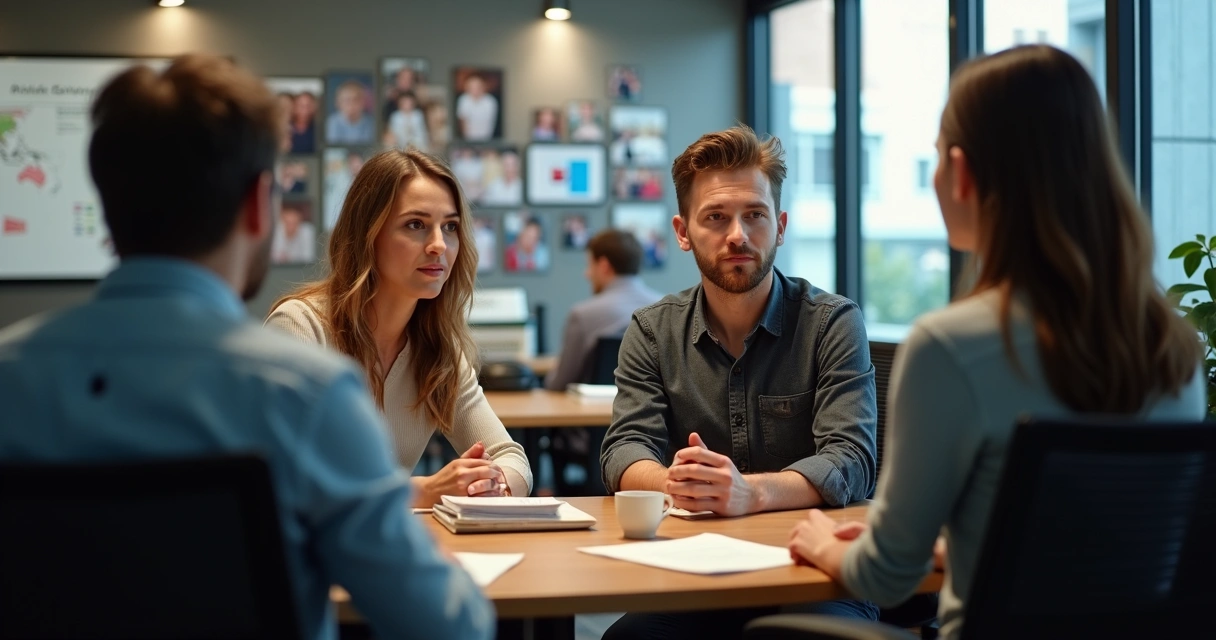 Employees sharing stories in breakout office area 