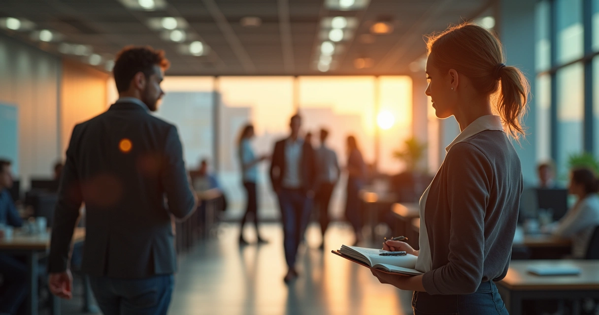Professional walking through office as glowing story threads connect colleagues 