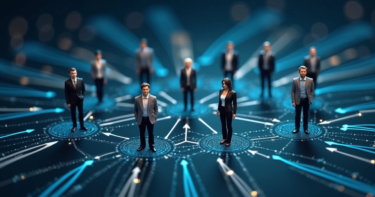 Diagram showing interconnected team members and leaders, arrows illustrating influence flow