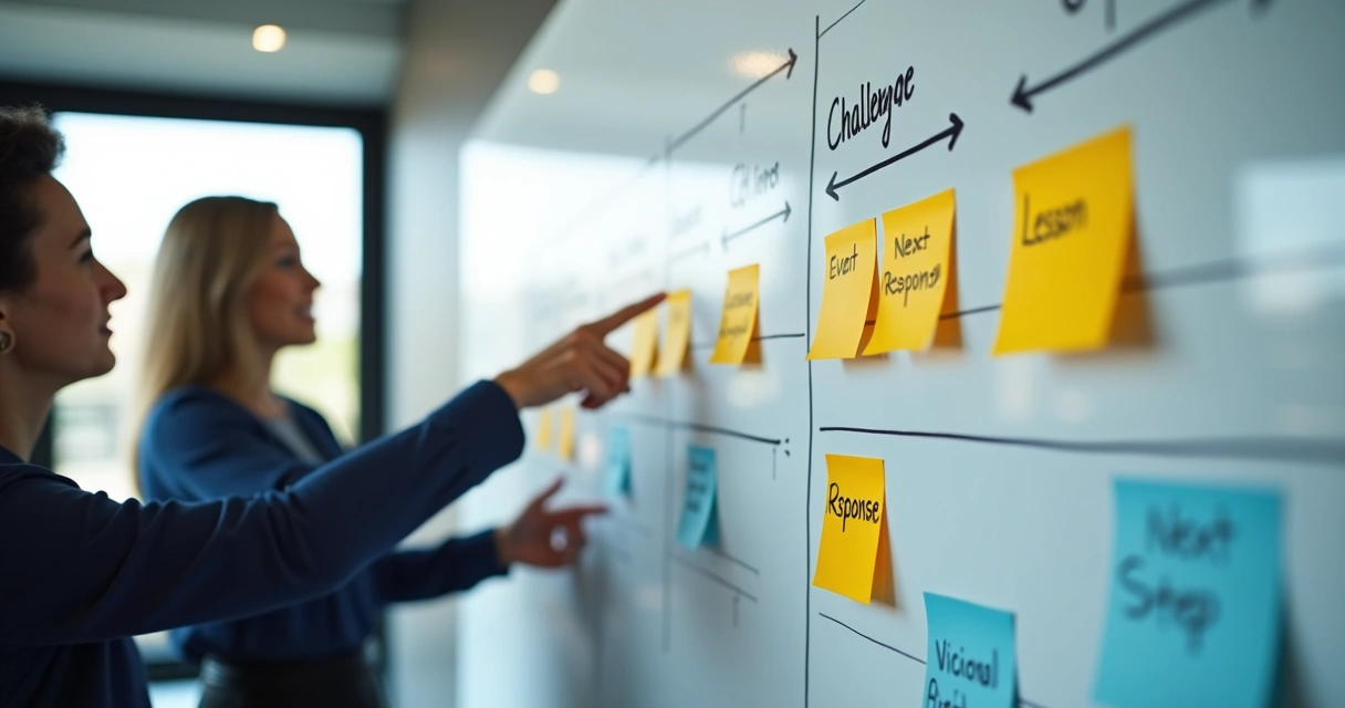 Whiteboard timeline used in crisis reflection meeting