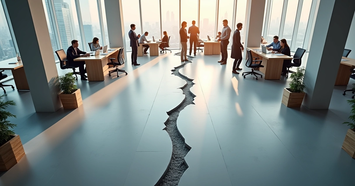 Overhead view of diverse employees in a modern office separated by a visible crack in the floor 