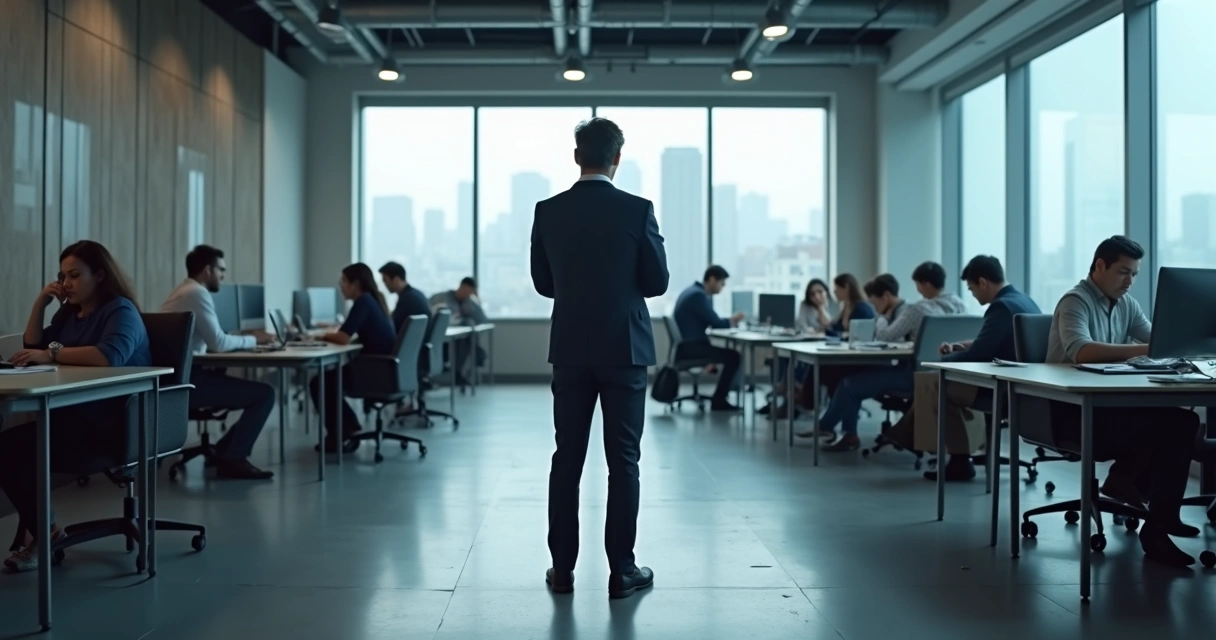 Business leader overlooking stressed employees in a fractured office space 