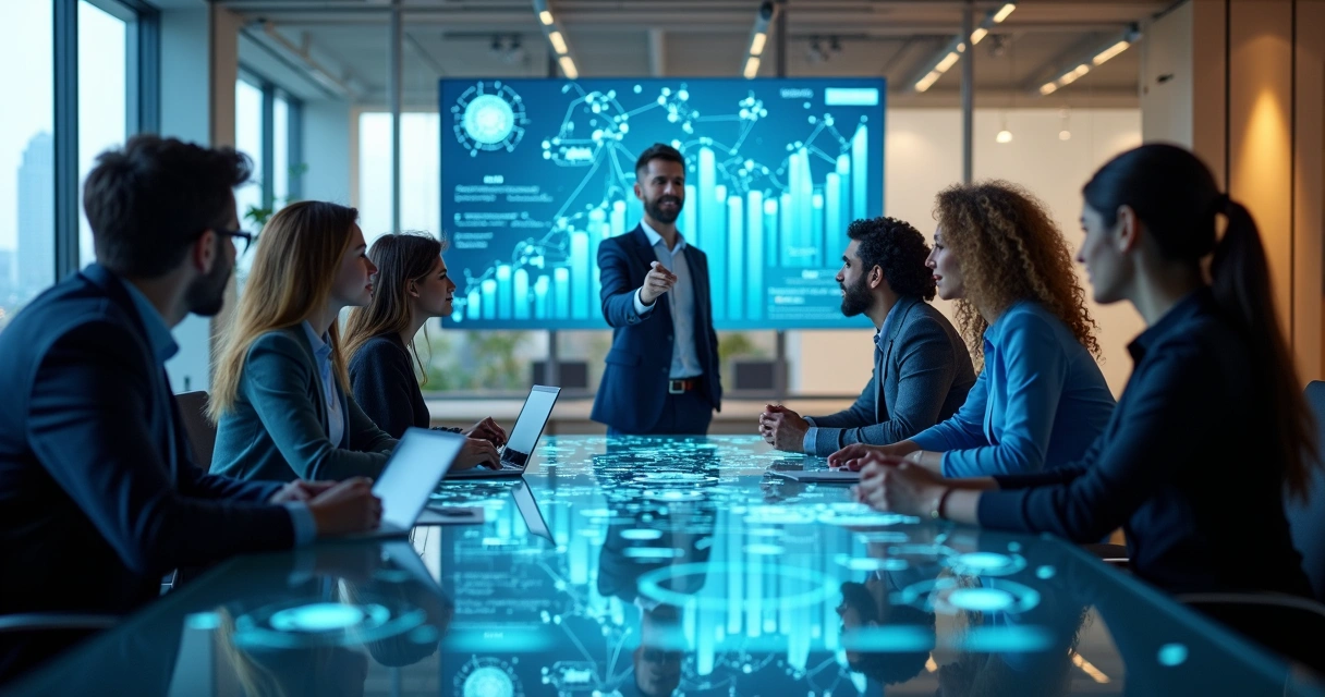Leaders around a glass table analyzing trust data and connections 