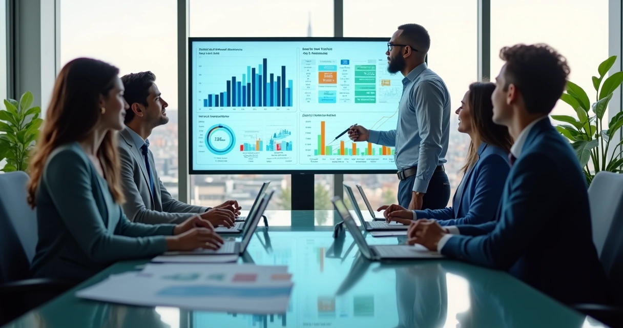 Business team analyzing financial and human impact metrics together 