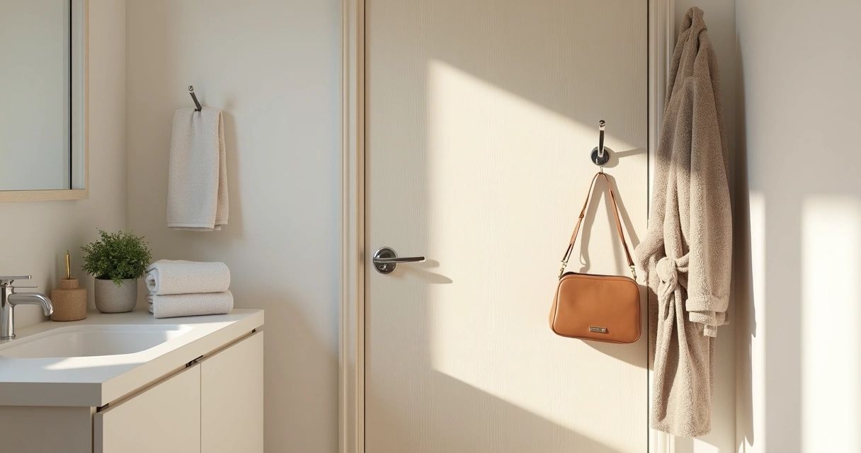 Towel, bags, and robe hanging on over-the-door hooks in a bathroom 