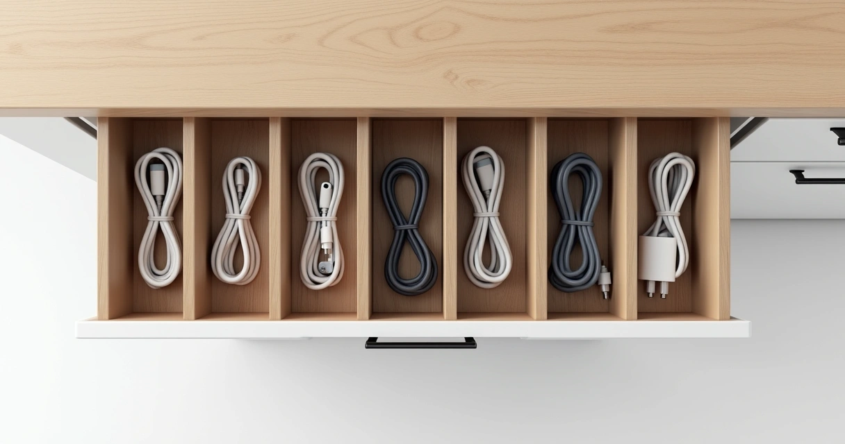 Drawer with organized cables, each in its own compartment 