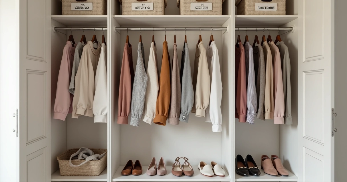 Organized closet with neatly arranged clothes and storage boxes 