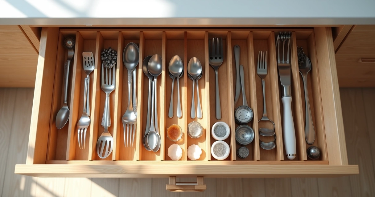 Organized kitchen drawer with dividers, utensils, and gadgets neatly separated 