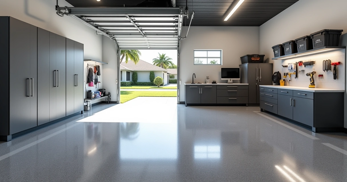Epoxy garage floor with organized storage and work zones 