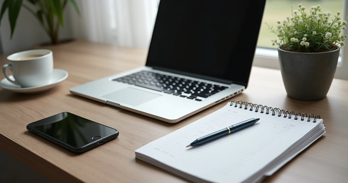 Modern tidy home office desk with laptop, planner, coffee cup, and smartphone 