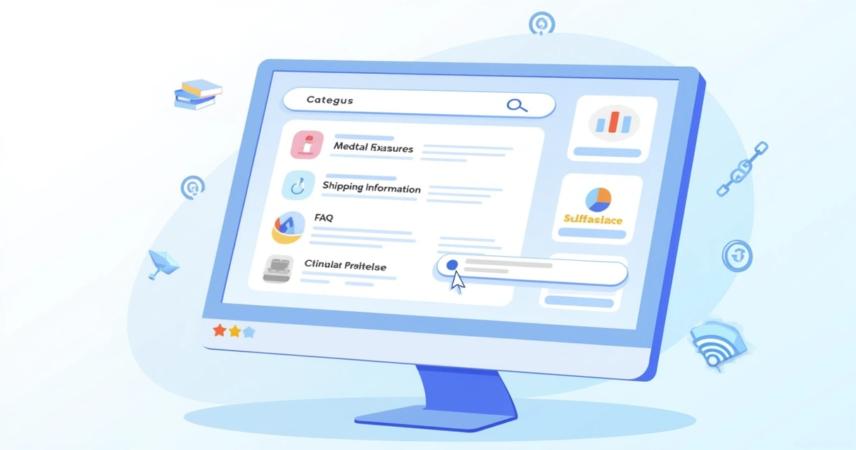 A digital knowledge base interface showcasing organized categories and a prominent search bar.